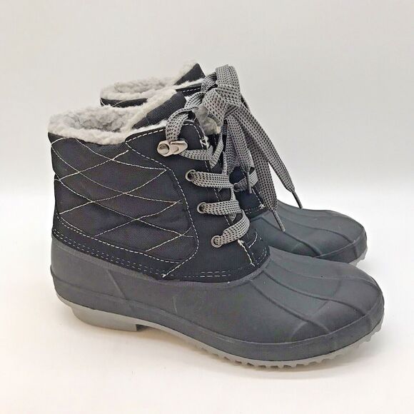 Khombu Rain Boots Women’s 8 Black & Gray Waterproof Faux Fur Lined Winter Shoes - Picture 1 of 11